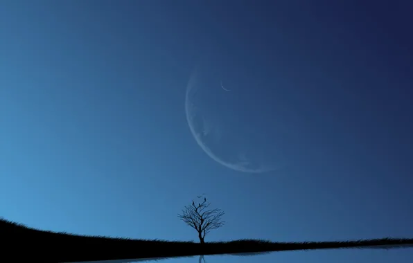 Картинка небо, озеро, луна, синь