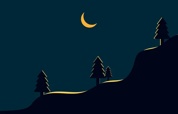 Картинка деревья, ночь, месяц, moon, trees, night, склон горы, mountainside