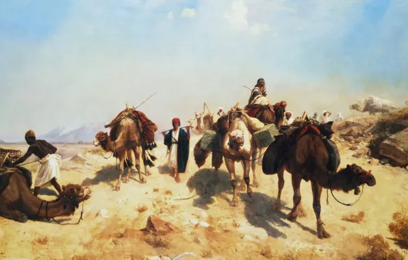 Пейзаж, картина, верблюд, Жан-Леон Жером, Караван в Пустыне