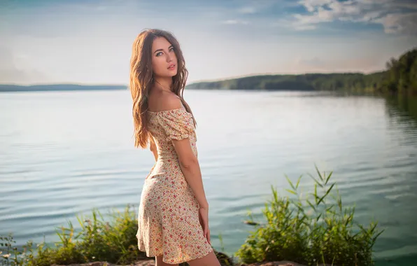 Картинка девушка, sky, nature, water, clouds, lake, model, brunette