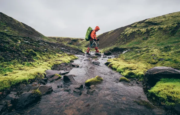 Речка, Мужчина, Путешествие, Islandia, Small river, Laugavegurinn, Trekkings