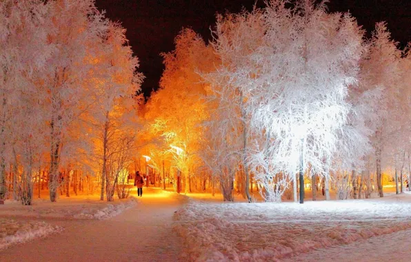 Картинка зима, снег, ночь, фонари