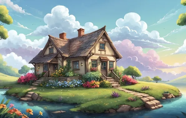 Картинка house, landscape, clouds, digital art, stream, illustration, digital painting, AI art