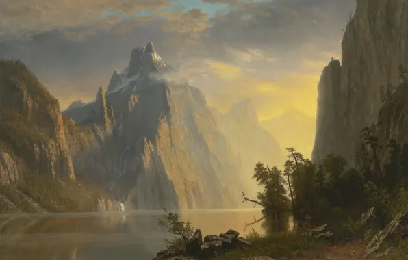 Картинка деревья, горы, река, Albert Bierstadt