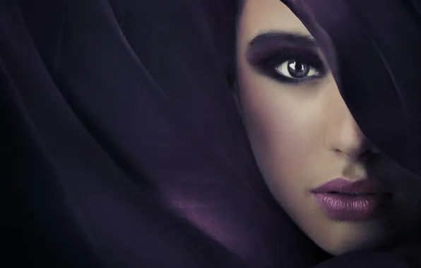Картинка фиолетовый, глаза, взгляд, лицо, губы, тени, пурпур
