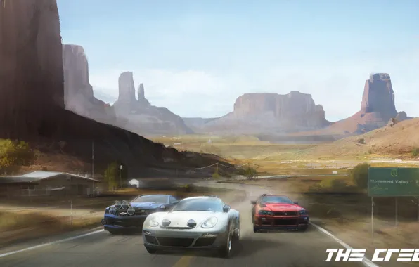 Машины, трасса, nissan, Гонка, porsche, chevrolet, каньоны, the crew