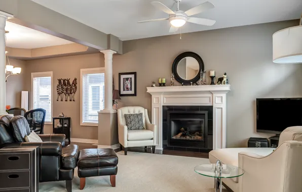 Картинка дизайн, стиль, кресло, камин, гостиная