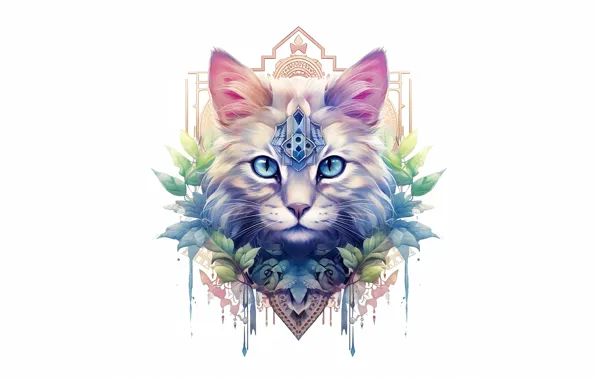 Кошка, кот, символ, живопись, орнамент, цифровая живопись, ИИ-арт, нейросеть