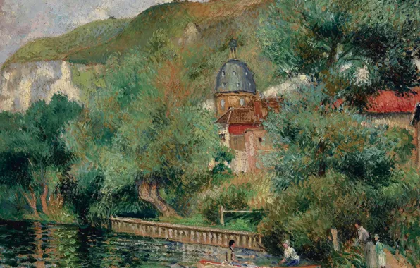 Пейзаж, река, лодка, картина, Georges Henri Manzana Pissarro, Жорж-Анри Манзана-Писсарро, Берег Сены в Лез-Андели. Хоспис