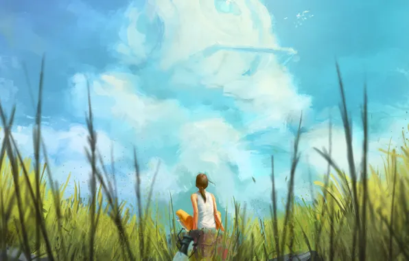 Картинка лето, небо, трава, девушка, облака, арт, сидя