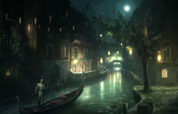 Картинка ночь, город, луна, лодка, венеция, Assassin's Creed 2