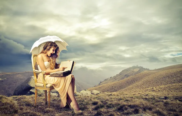 Пейзаж, эмоции, Девушка, удивление, кресло, зонт, книга, восторг