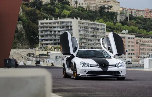 Картинка Mercedes-Benz, white, набережная, Monaco, Монако, МакЛарен, СЛР, Gemballa GT