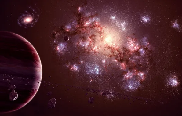 Картинка планета, спутник, астероиды, universe, газовый гигант, galaxy