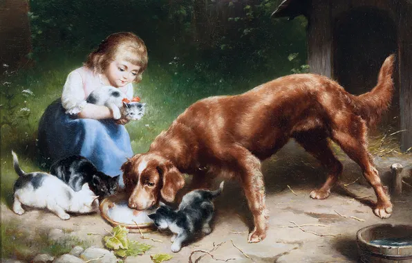 Собака, Кошки, Картина, Девочка, Carl Reichert, Карл Райхерт, Австрийский художник, Званый ужин