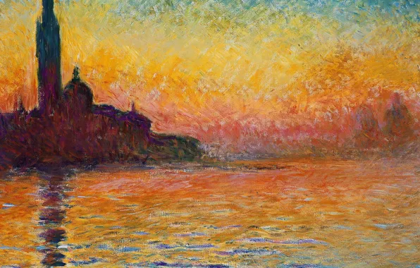 Море, небо, пейзаж, картина, церковь, живопись, клод моне