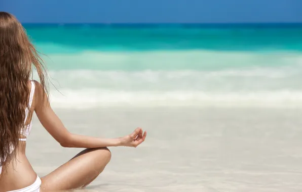 Relax, girl, sea, ocean, woman, sand, lotus, shore