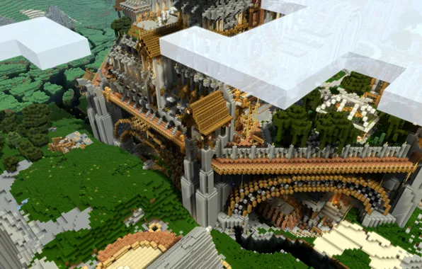 Небо, трава, облака, деревья, цветы, замок, блоки, Minecraft