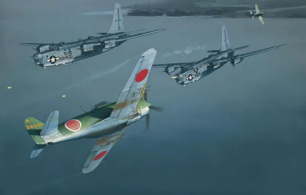 Картинка war, art, painting, aviation, b 24 liberator, n1k2 shiden kai, combat ww2