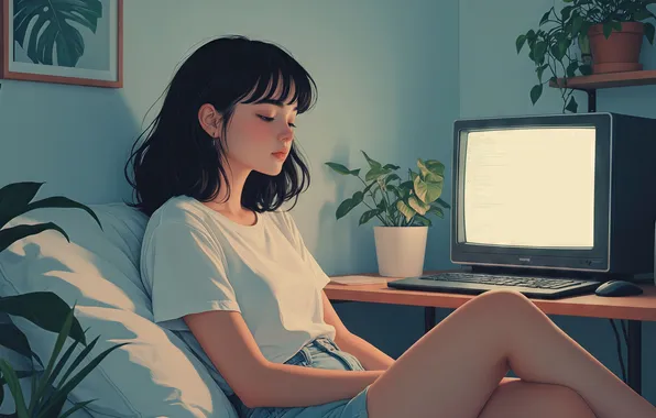 Картинка girl, beautiful, monitor, cosiness