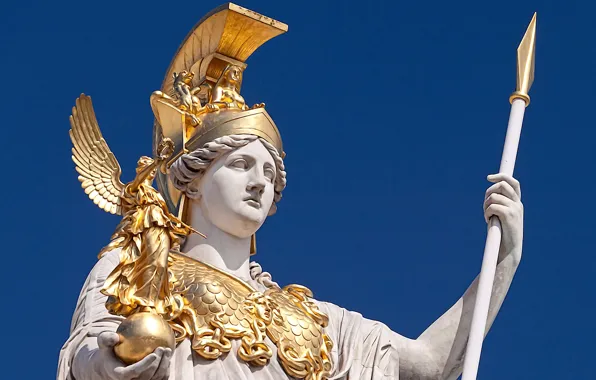 Картинка небо, солнечный свет, статуя богини Афины Паллады, золотые доспехи, белый мрамор, Боги Эллады