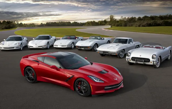 Картинка Corvette, Chevrolet, Шевроле, эволюция, передок, Stingray, Корвет, Стингрей