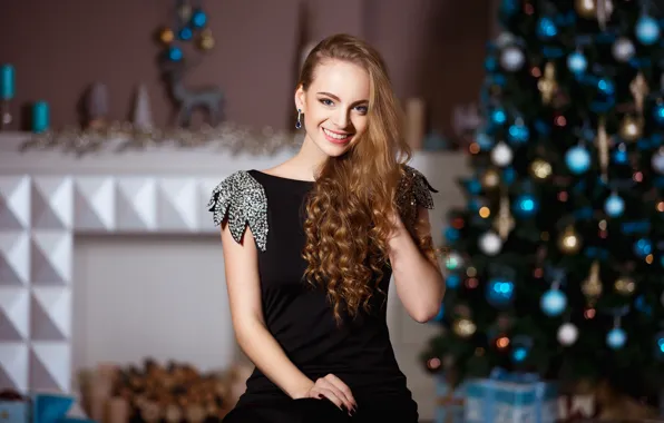 Девушка, улыбка, праздник, новый год, макияж, платье, прическа, ёлка