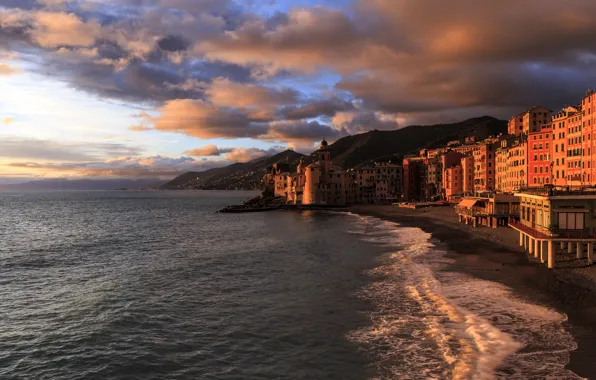 Картинка море, пляж, закат, берег, Италия, Italy, travel, Camogli