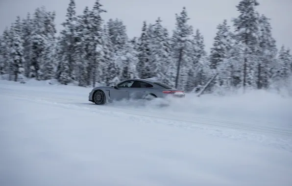 Картинка снег, серый, движение, скорость, Porsche, 2020, Taycan, Taycan 4S