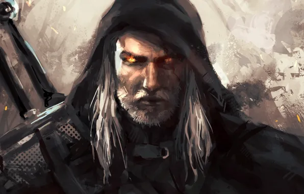 Картинка меч, арт, капюшон, борода, Ведьмак, The Witcher, Геральт из Ривии, Geralt of Rivia