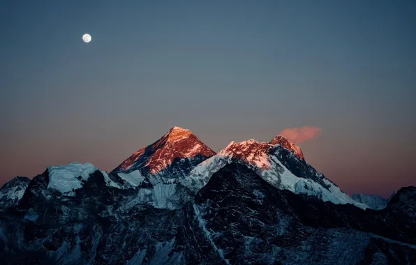 Картинка зима, небо, снег, горы, природа, скалы, луна, полнолуние