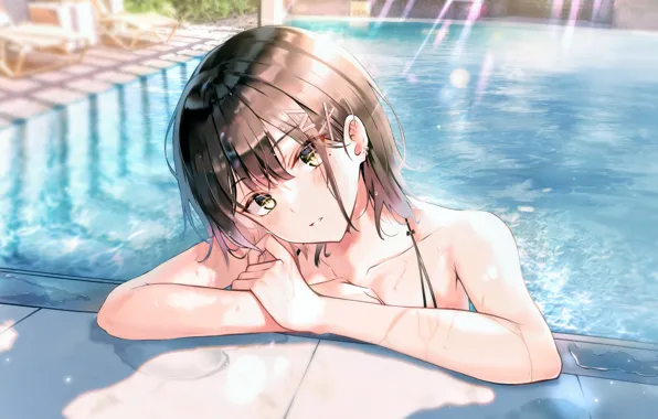 Girl, sexy, wet, pool, anime, beautiful, short hair, pretty