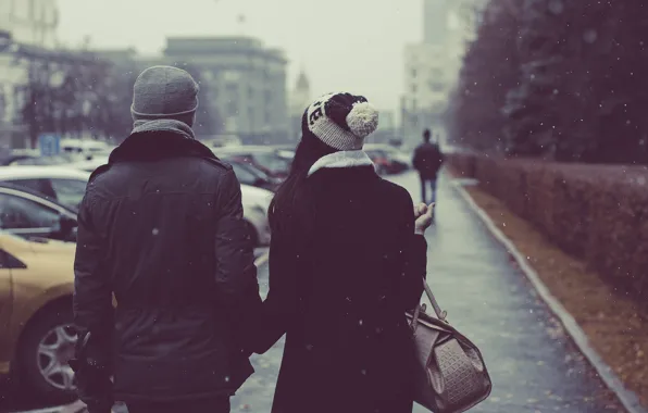 Autumn, couple, snowfall