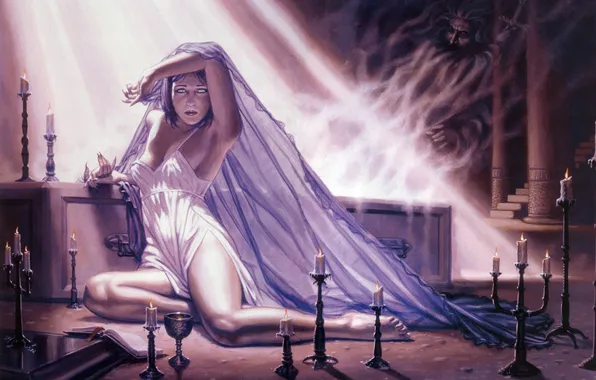 Картинка девушка, рисунок, свечи, арт, склеп, Dorian Cleavenger, Death Of A Vampire