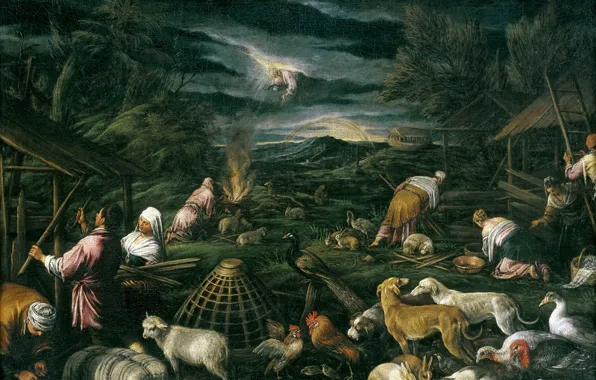 Картинка животные, люди, бог, картина, библия, мифология, Франческо Бассано, Ной Полле Потопа