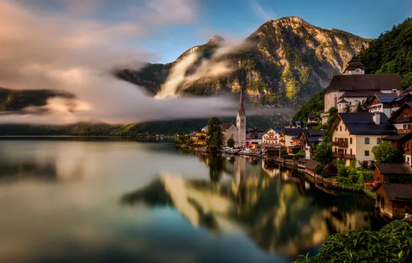 Картинка пейзаж, горы, озеро, отражение, дома, Австрия, Альпы, Austria