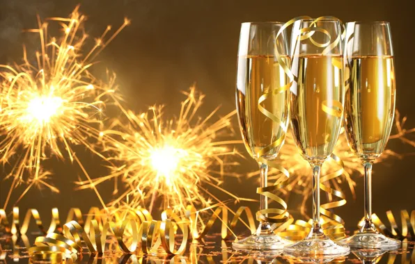 Картинка Новый Год, бокалы, golden, шампанское, серпантин, New Year, бенгальские огни, celebration