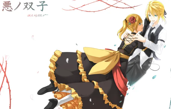Цветок, девушка, роза, платье, парень, vocaloid, бантик, kagamine rin