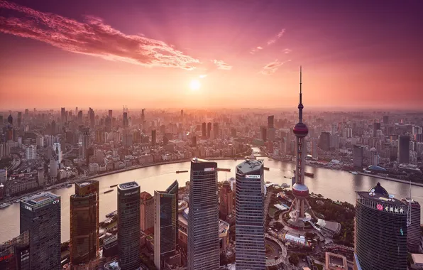 Картинка солнце, город, река, Китай, Шанхай