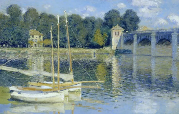 Картинка пейзаж, картина, лодки, Клод Моне, Мост в Аржантёе