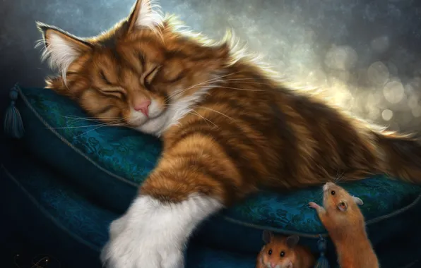 Кот, сон, рыжий, подушка, мыши