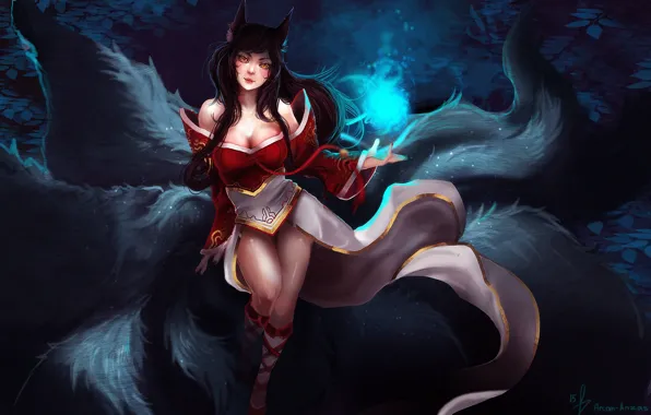 Девушка, магия, игра, арт, ушки, League of Legends, хвосты, LoL