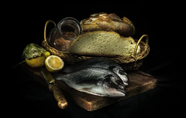 Картинка лимон, рыба, хлеб