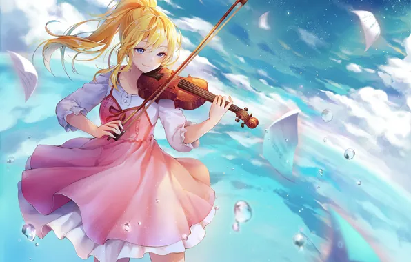 Картинка взгляд, аниме, девушка, скрипка, Shigatsu wa Kimi no Uso