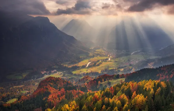Картинка осень, лучи, свет, горы, долина