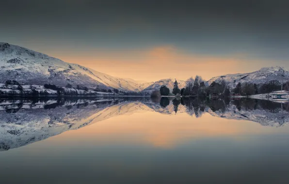 Картинка горы, озеро, отражение, рассвет, Англия, утро, England, Озёрный край