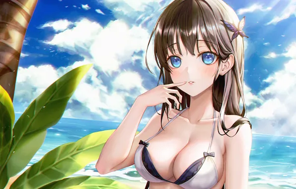 Girl, sexy, cleavage, beach, long hair, sea, boobs, anime