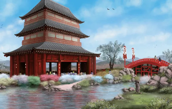 Картинка мост, река, ручей, люди, азия, здание, арт