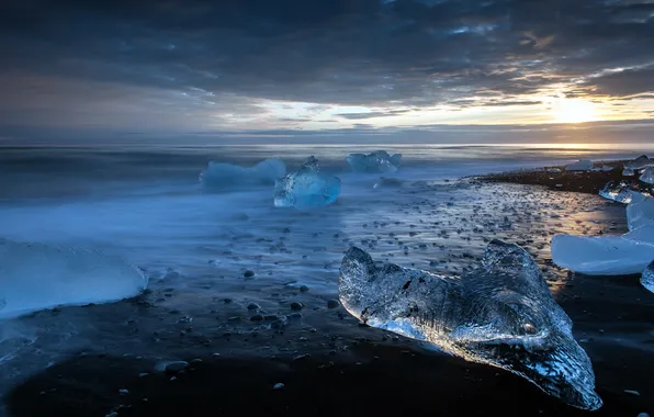 Картинка море, закат, лёд
