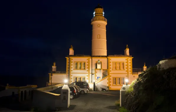 Ночь, огни, маяк, Шотландия, фонари, Corsewall Lighthouse